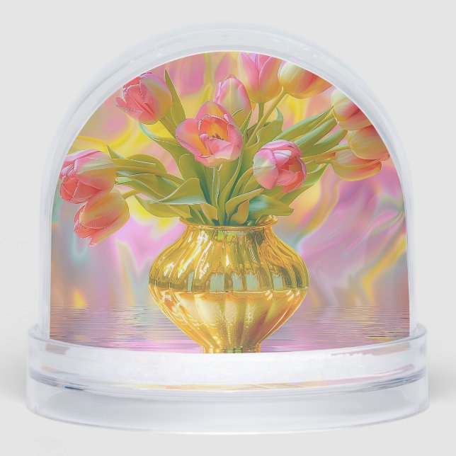 Vibrant Pink Tulips in Golden Vase Schneekugeln (Vorderseite)