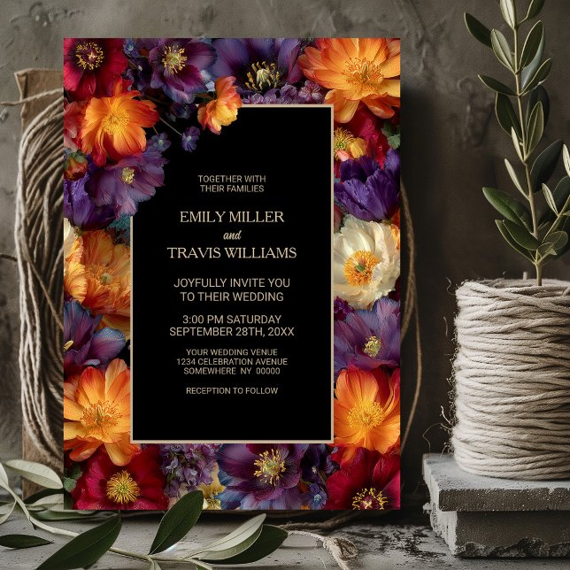 Vibrant Purple and Orange Floral Black Wedding Einladung (Von Creator hochgeladen)