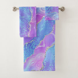 Vibrant Purple Blue Geode & Silver Leopard Print Badhandtuch Set