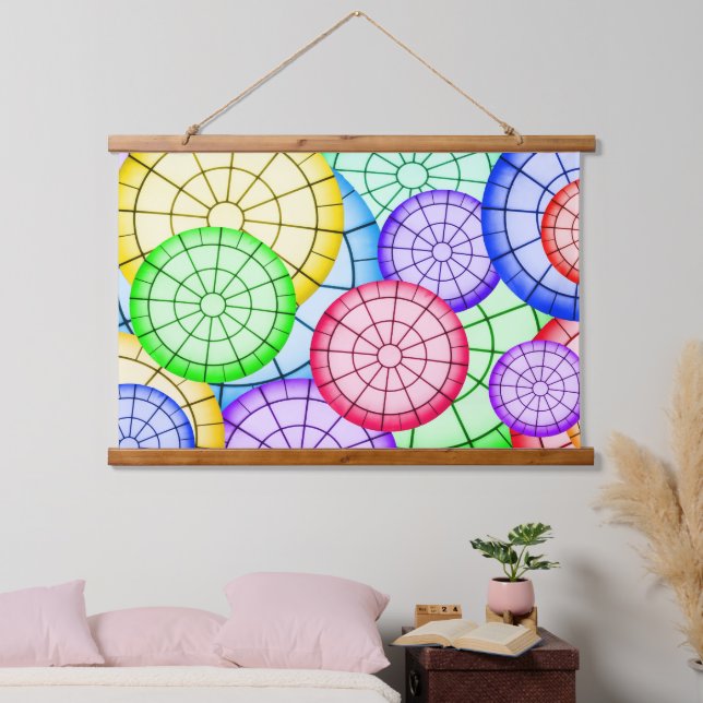 Vibrant Rainbow Concentric Circles Wandteppich Mit Holzrahmen (Schlafzimmer)