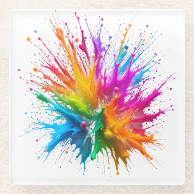 Vibrant Rainbow Paint Splatter Explosion Glasuntersetzer (Vorderseite)