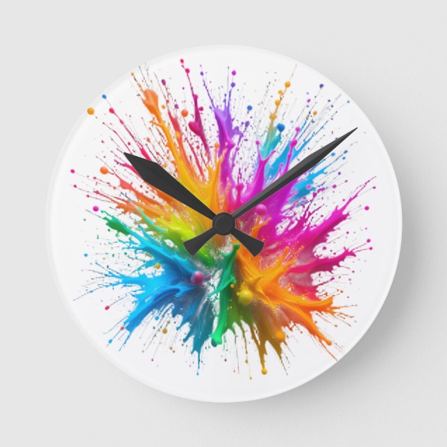 Vibrant Rainbow Paint Splatter Explosion Runde Wanduhr (Vorderseite)