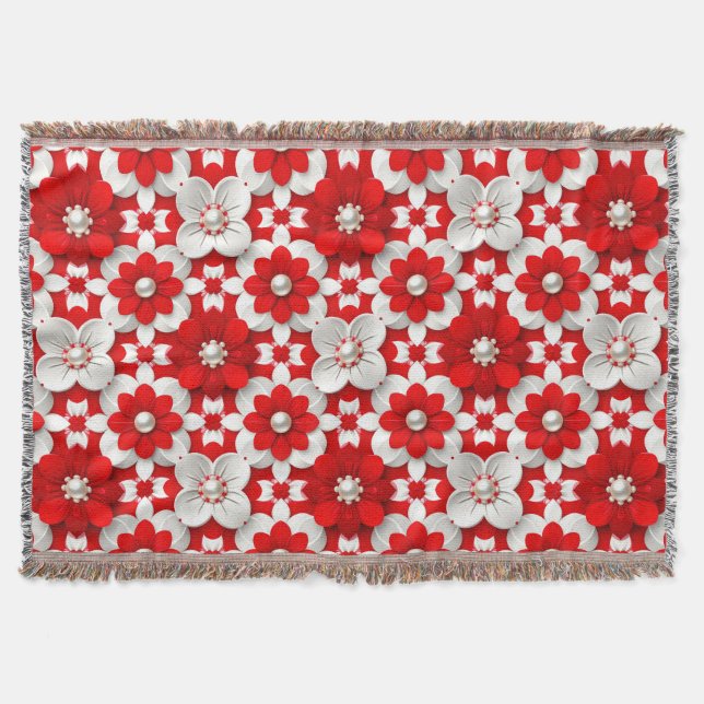 Vibrant Red And White Floral Pattern With Pearl Decke (Vorderseite)