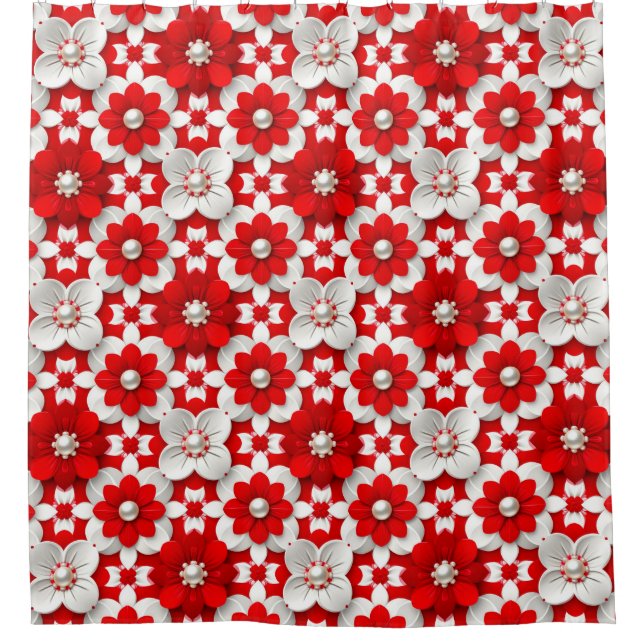 Vibrant Red And White Floral Pattern With Pearl Duschvorhang (Vorderseite)