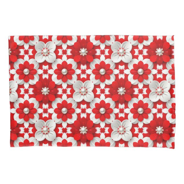 Vibrant Red And White Floral Pattern With Pearl Kissenbezug (Vorderseite)