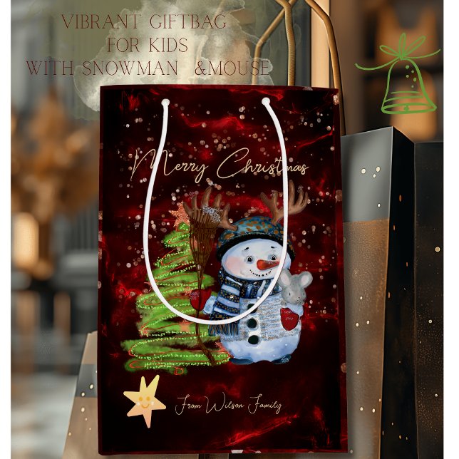 Vibrant Red Gold Snowman Mouse Christmas Gift Bag Mittlere Geschenktüte (Vibrant Red Gold Snowman Mouse Christmas Gift Bag)