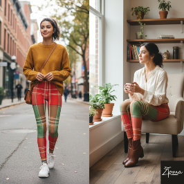 Vibrant Red Green Large-Scale Plaid Leggings