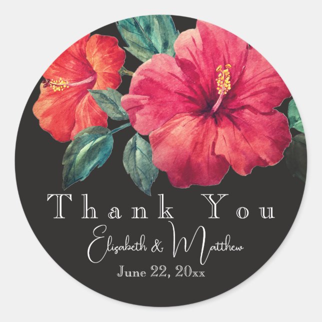 Vibrant Red Hibiscus Elegant Black/White Thank You Runder Aufkleber (Vorderseite)