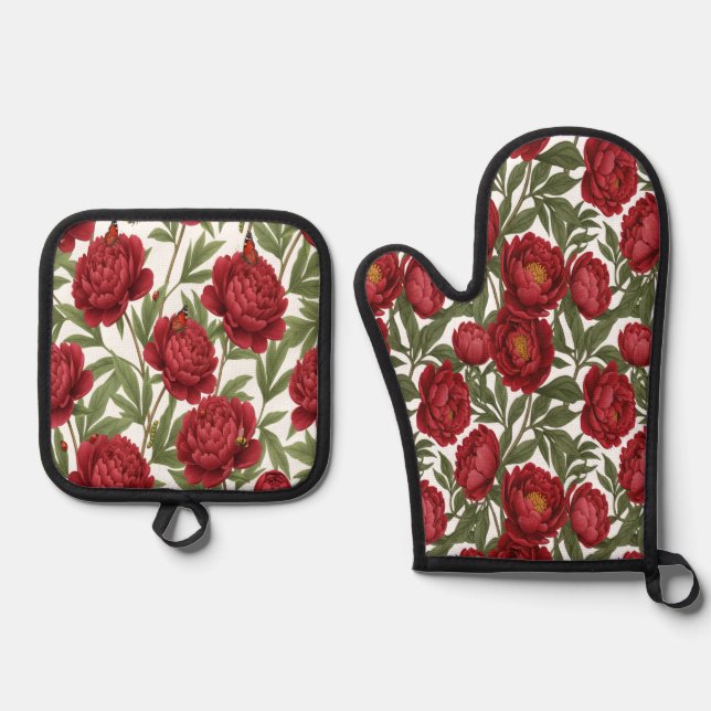 Vibrant Red Peony Collection Customizable Party Ofenhandschuh & Topflappen-Set (Vorderseite)