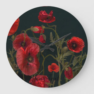 Vibrant Red Poppies on Black Große Wanduhr
