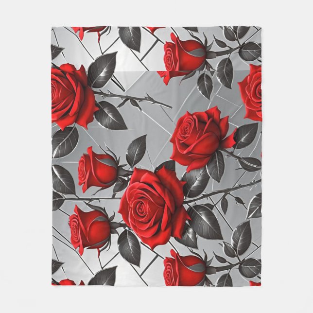 Vibrant Red Roses On A Metallic Silver Background  Fleecedecke (Vorderseite)