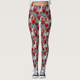Vibrant Red Roses On A Metallic Silver Background  Leggings