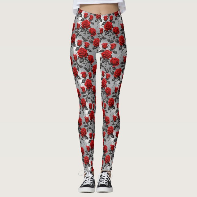 Vibrant Red Roses On A Metallic Silver Background  Leggings (Vorderseite)