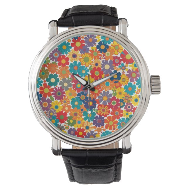 Vibrant Retro 60s Daisy Flower Power Pattern Armbanduhr (Vorderseite)