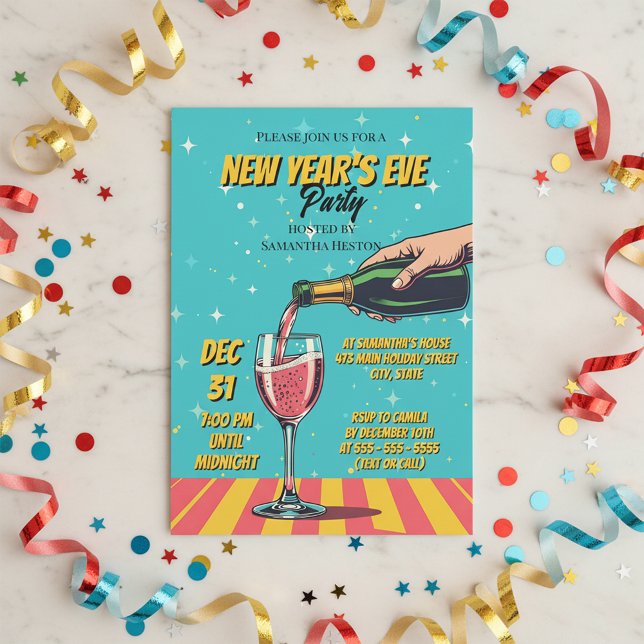 Vibrant Retro Pop Art New Year's Eve Party Einladung (Von Creator hochgeladen)