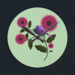 Vibrant Spring Floral with Cute Purple Bird Art Runde Wanduhr<br><div class="desc">Bring the freshness of the garden into your home with this beautiful Spring illustration. Featuring a chubby purple bird resting on a flowering branch, surrounded by vibrant deep pink blooms and lush green leaves. This cheerful design is perfect for celebrating the season of new beginnings. It looks stunning on tote...</div>