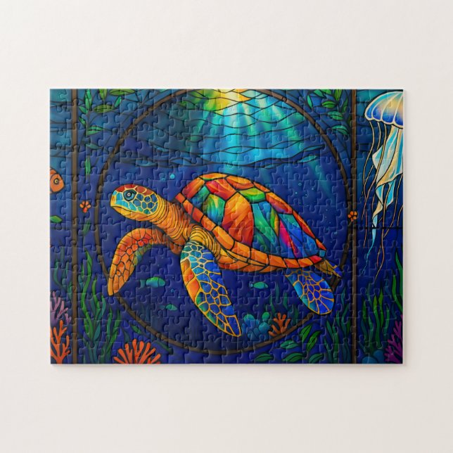 Vibrant Stained Glass Sea Turtle Ocean Design (Horizontal)