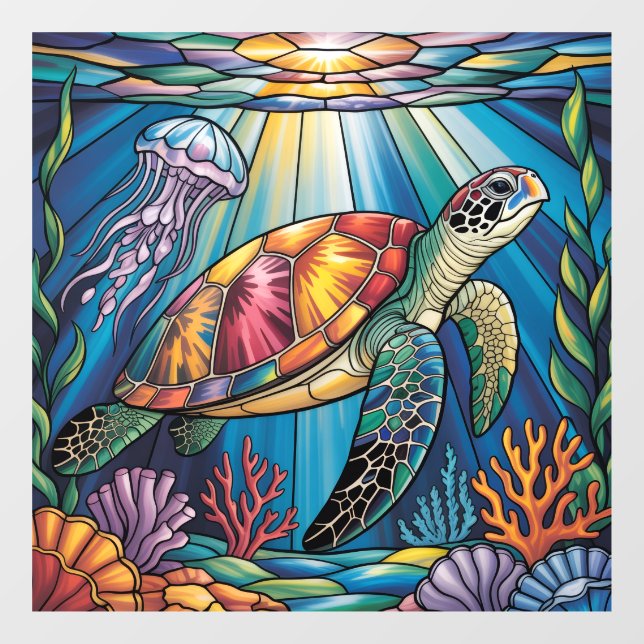 Vibrant Stained Glass Sea Turtle Ocean Design Fensteraufkleber (Blatt)