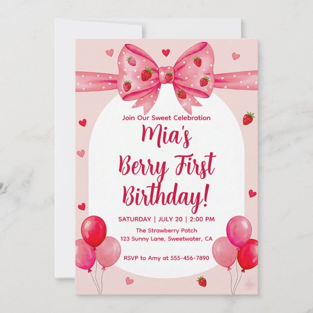 Vibrant Strawberry Coquette Bow Berry 1st Birthday Einladung (Vorderseite)