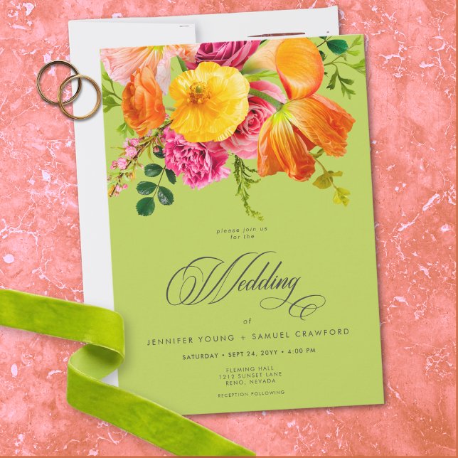 Vibrant Summer Floral Lime Orange Pink Wedding Einladung (Vibrant Summer Floral Lime Orange Pink Wedding Invitation)