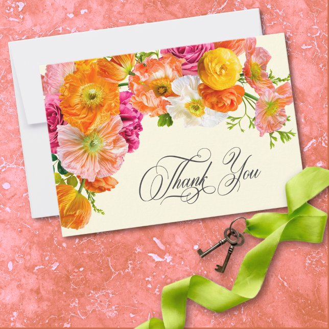 Vibrant Summer Floral Yellow Orange Pink Wedding Dankeskarte (Vibrant Summer Floral Yellow Orange Pink Wedding Thank You Card)