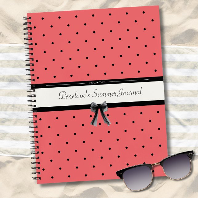 Vibrant Sunset Coral Polka Dot Summer Journal Notizbuch (Get vacation-ready with a Summer Journal, styled on the sand with chic sunnies.)