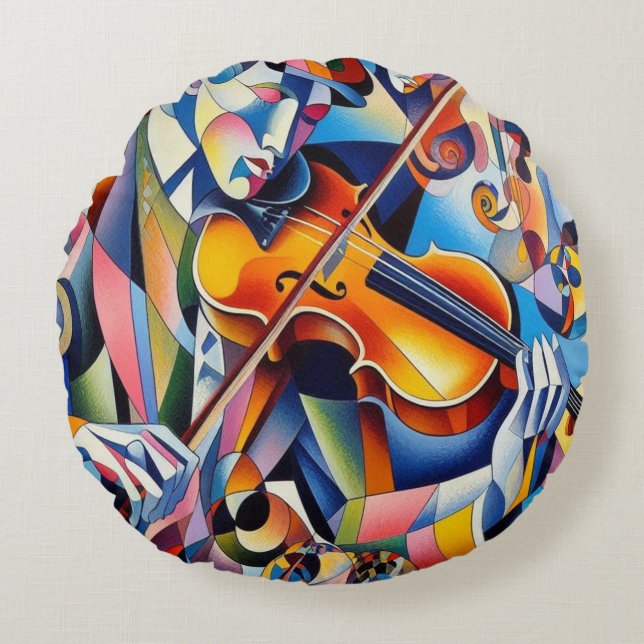 Vibrant Symphony: Abstract Violinist Art Rundes Kissen (Vorderseite)