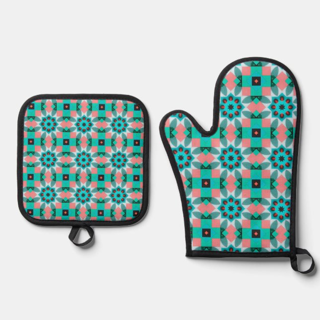 Vibrant Teal and Salmon Geometric Kaleidoscope Pat Ofenhandschuh & Topflappen-Set (Vorderseite)