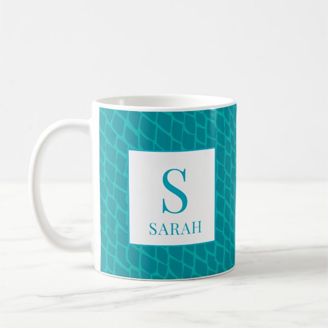 Vibrant Teal Scale Mermaid Monogram Custom Name Kaffeetasse (Links)