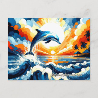 Vibrant Tropical Dolphin Sunset Ocean Art Feiertagspostkarte