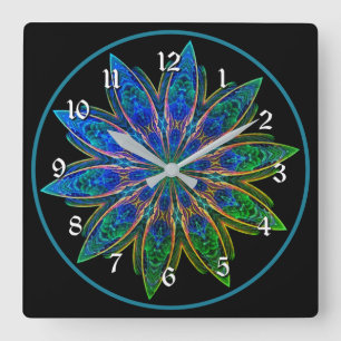 Vibrant Turquoise Lotus Petals Mandala Round Quadratische Wanduhr