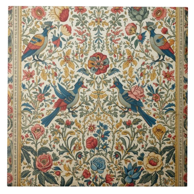 Vibrant Vintage Bird & Floral Garden Fliese (Vorderseite)