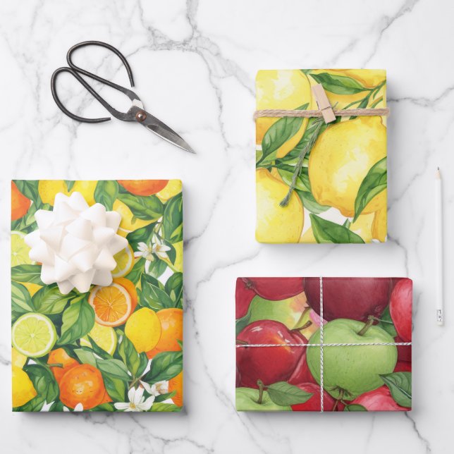 Vibrant Watercolor Fruit Orchard Pattern Geschenkpapier Set (Vorderseite)