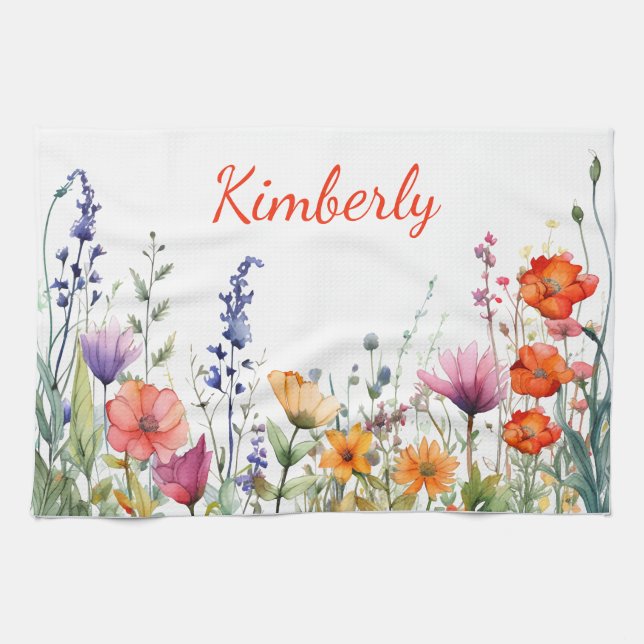 Vibrant Watercolor Wildflowers Personalized Geschirrtuch (Horizontal)