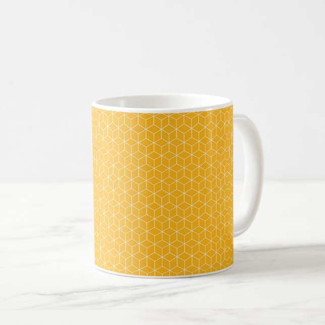 Vibrant Yellow Hexagonal Cube Pattern Design Kaffeetasse (VorderseiteRechts)