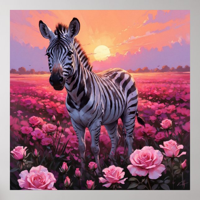 Vibrant Zebra in rosa Rosenfeldelementen Poster (Vorne)