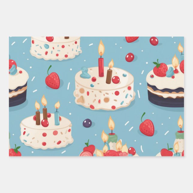 Vibrany Happy Birthday Cakes Muster Geschenkpapier Set (Vorderseite)