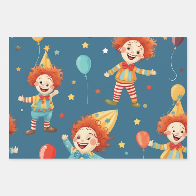 Vibrany Happy Birthday Clowns Pattern Geschenkpapier Set (Vorderseite)