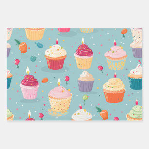 Vibrany Happy Birthday Cupcakes Pattern Geschenkpapier Set