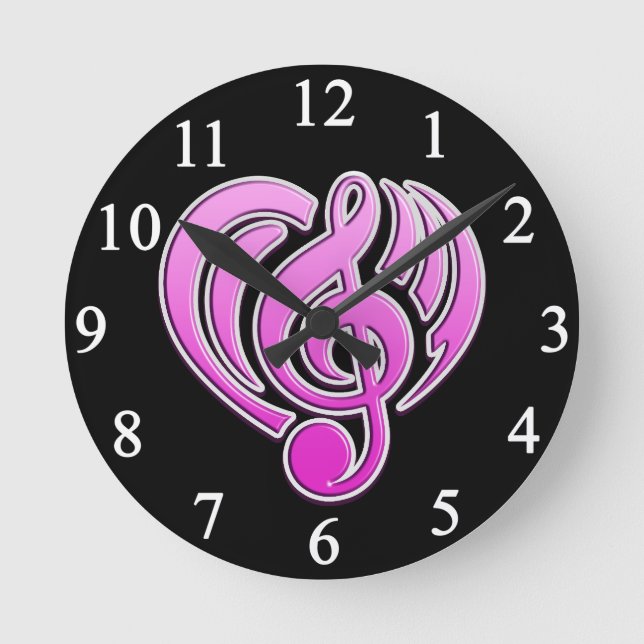 Vibrationen Musikalische Liebe Rosa Herz Musiknote Runde Wanduhr (Vorderseite)