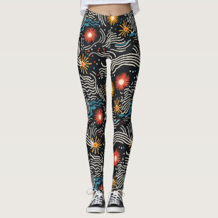 Vibrierende Abstrakte Blütenwellen auf Schwarz Leggings