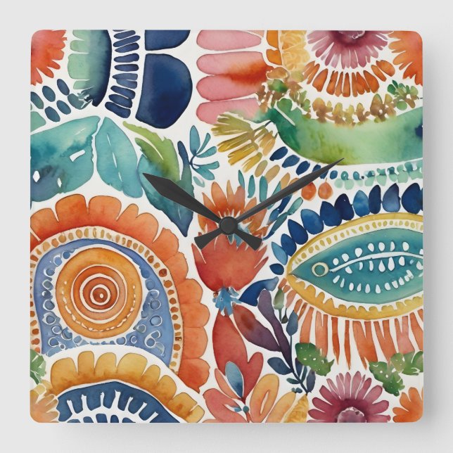 Vibrierende Blütenexplosion: Uhr der Wasserfarbenw (Vorderseite)