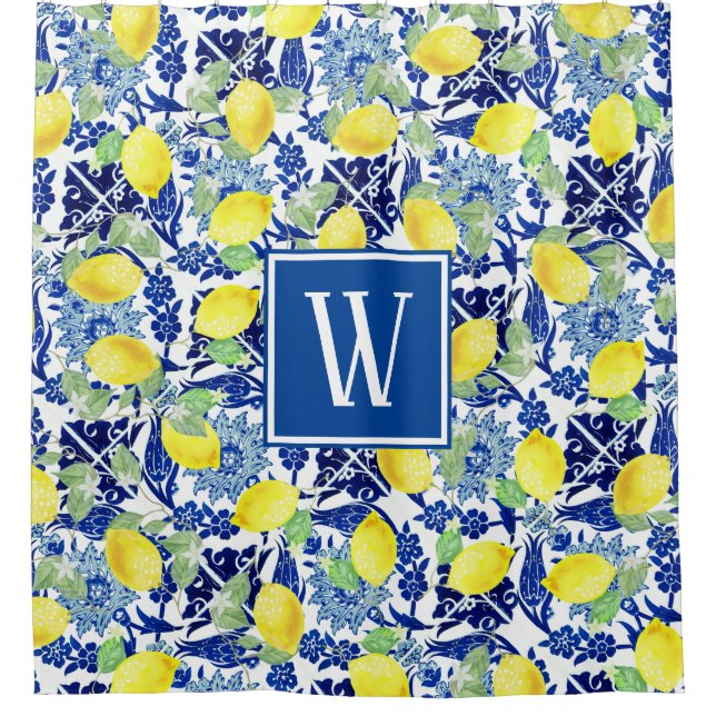 Vibrierende Land-Zitronen u. blaue Blumenfliese Duschvorhang (Vorderseite)