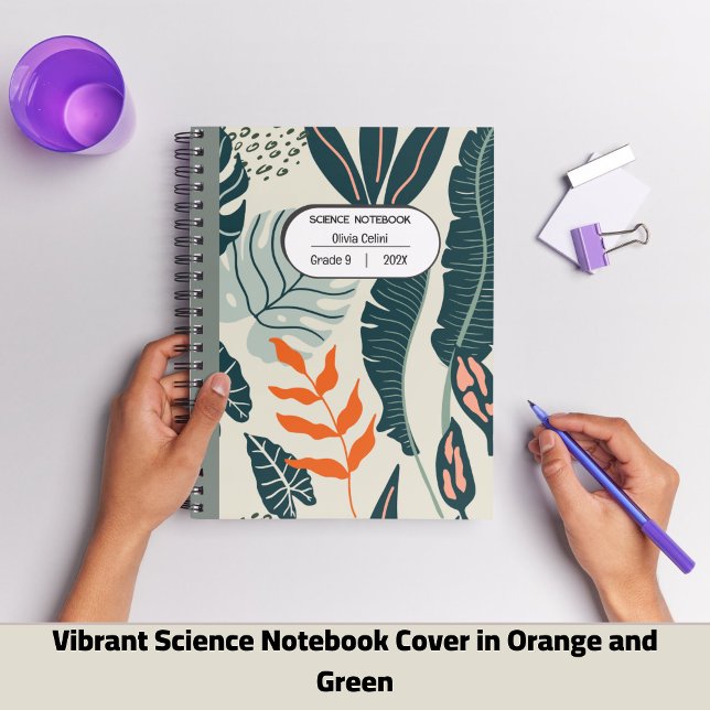 Vibrierende Science-Notebook-Abdeckung in Orange u Notizbuch (Vibrant Science Notebook Cover in Orange and Green Simple Floral Style)