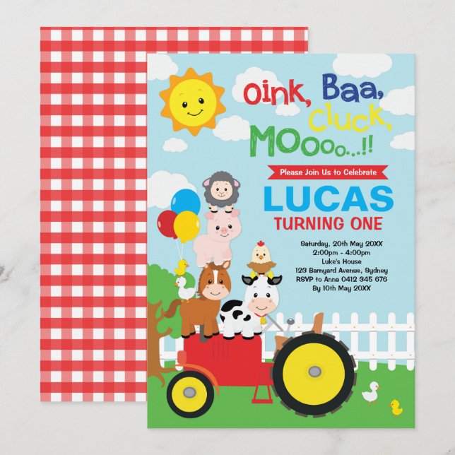 Vibrierender Viehbarnyard-Streichelzoo-Geburtstag Einladung (Vorne/Hinten)