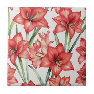 Vibrierendes Amaryllis Wasserfarben-Muster in Rot Fliese