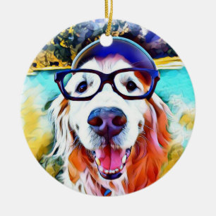 Vibrierendes goldener Retriever-Nerd-Glas-Malen Keramik Ornament