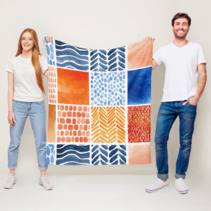 Vibrierendes Watercolor Grid Muster in Blau & Oran Fleecedecke