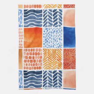 Vibrierendes Watercolor Grid Muster in Blau & Oran Geschirrtuch