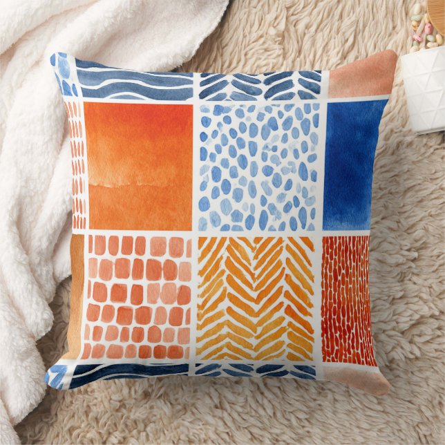 Vibrierendes Watercolor Grid Muster in Blau & Oran Kissen (Decke)